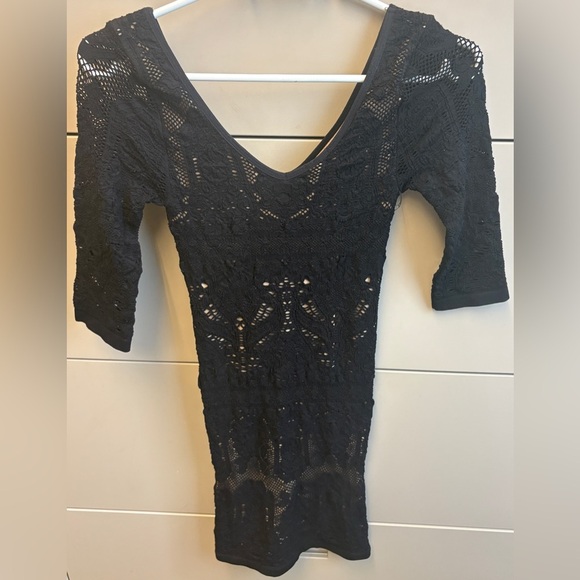 Bebe Black Tan Bodycon above the knee Dress Scoop Neck 3/4 Sleeves size Small - Picture 3 of 9